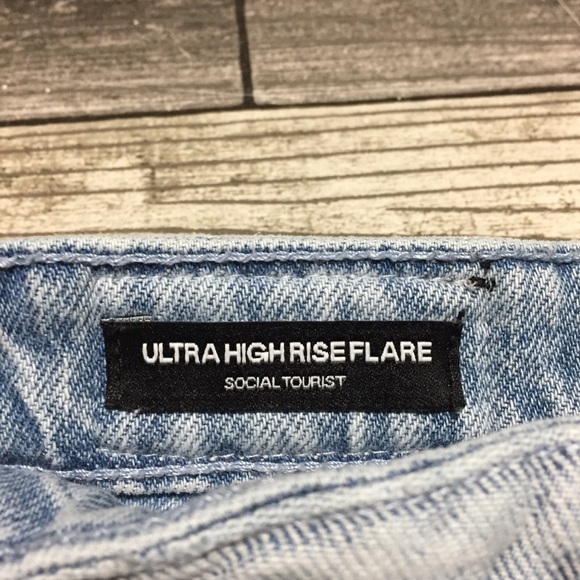 Social Tourist Ultra High Rise Flare Jeans Women’s 25R Blue 2 Tone Split Hem - Picture 11 of 11